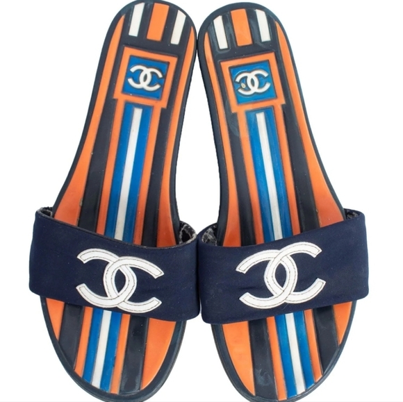 CHANEL Striped Blue White and Orange Rubber Slides Size 36